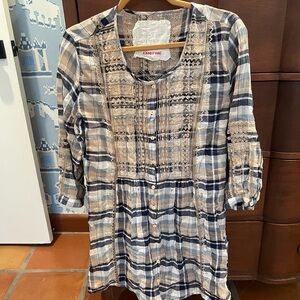 Johnny Was Plaid Embroidered Tunic in Navy & Beige